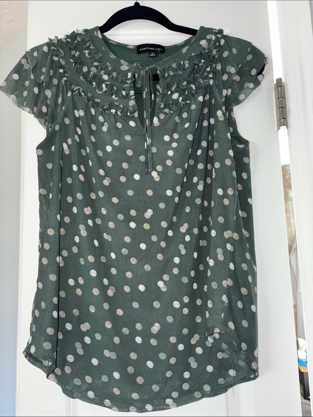 Forever 21 Olive Green Polka Dot Ruffle-Neck Blouse